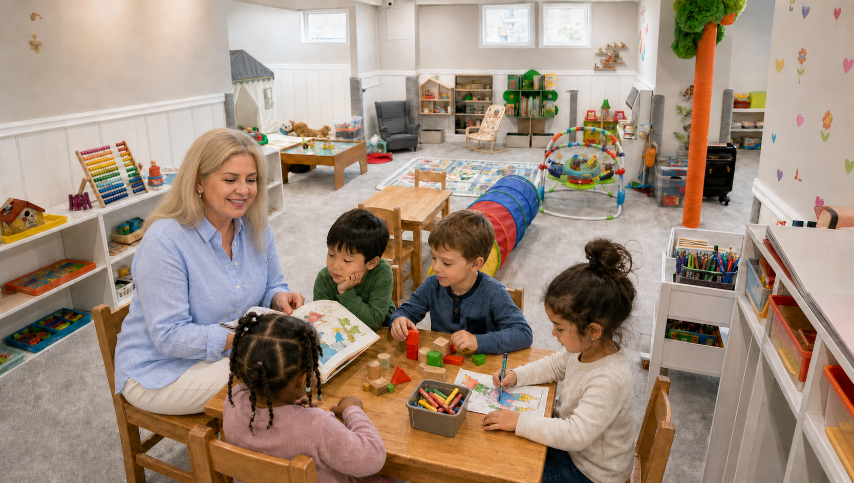 Concept visualization of Mori reading and creating with four children inside the real Bluebird Learning Nest space